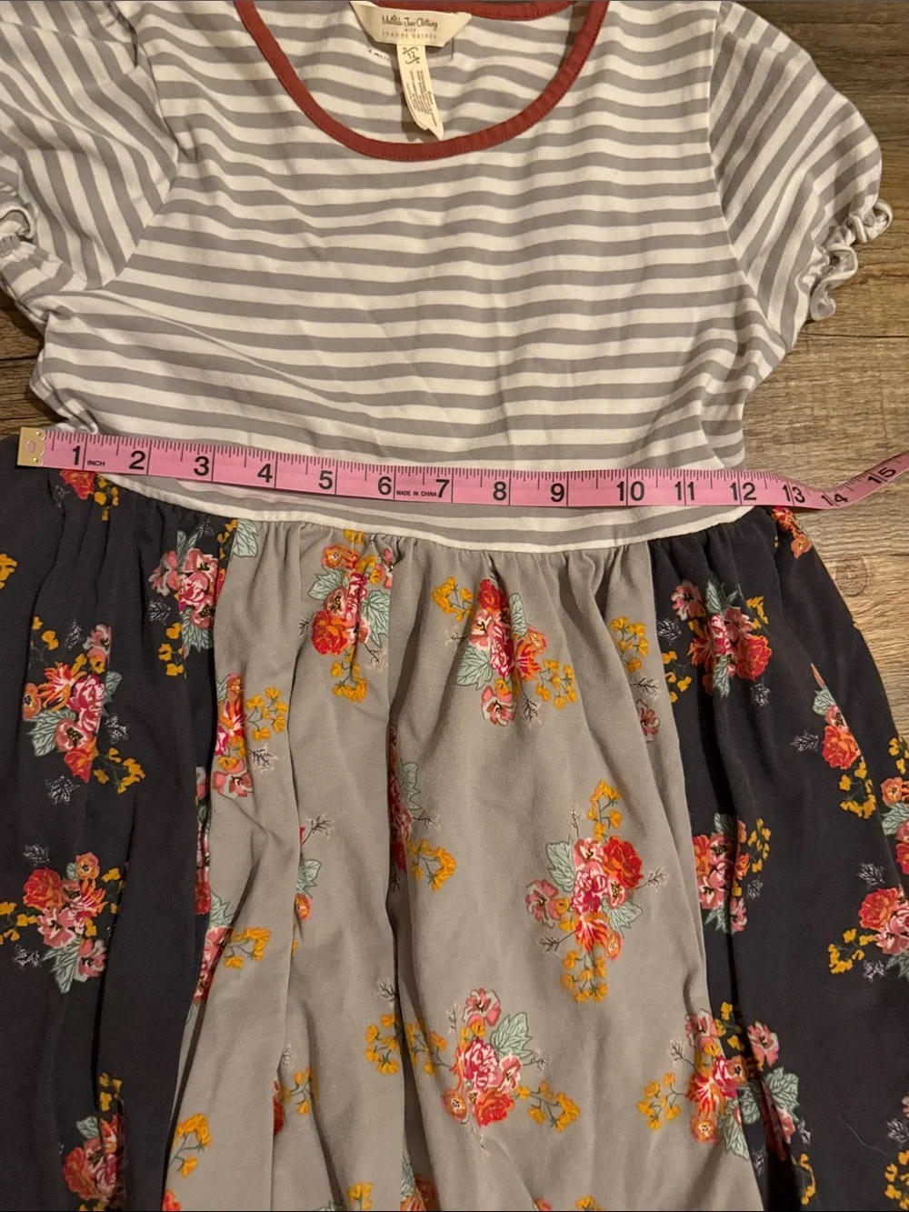 Matilda Jane Striped Bodice Floral Patchwork Dress in Gray, Navy and Rust